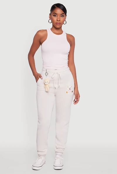 Womens Drawstring High Waisted Embroidered Graphic Sweatpants, White,