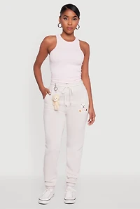 Womens Drawstring High Waisted Embroidered Graphic Sweatpants, White,