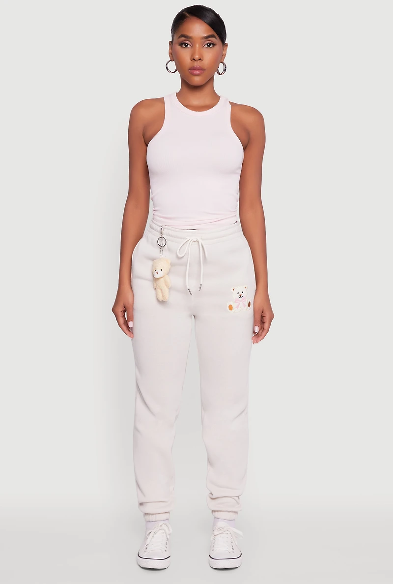 Womens Drawstring High Waisted Embroidered Graphic Sweatpants, White,