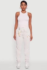 Womens Drawstring High Waisted Embroidered Graphic Sweatpants, White,