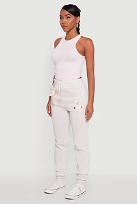 Womens Drawstring High Waisted Embroidered Graphic Sweatpants, White,