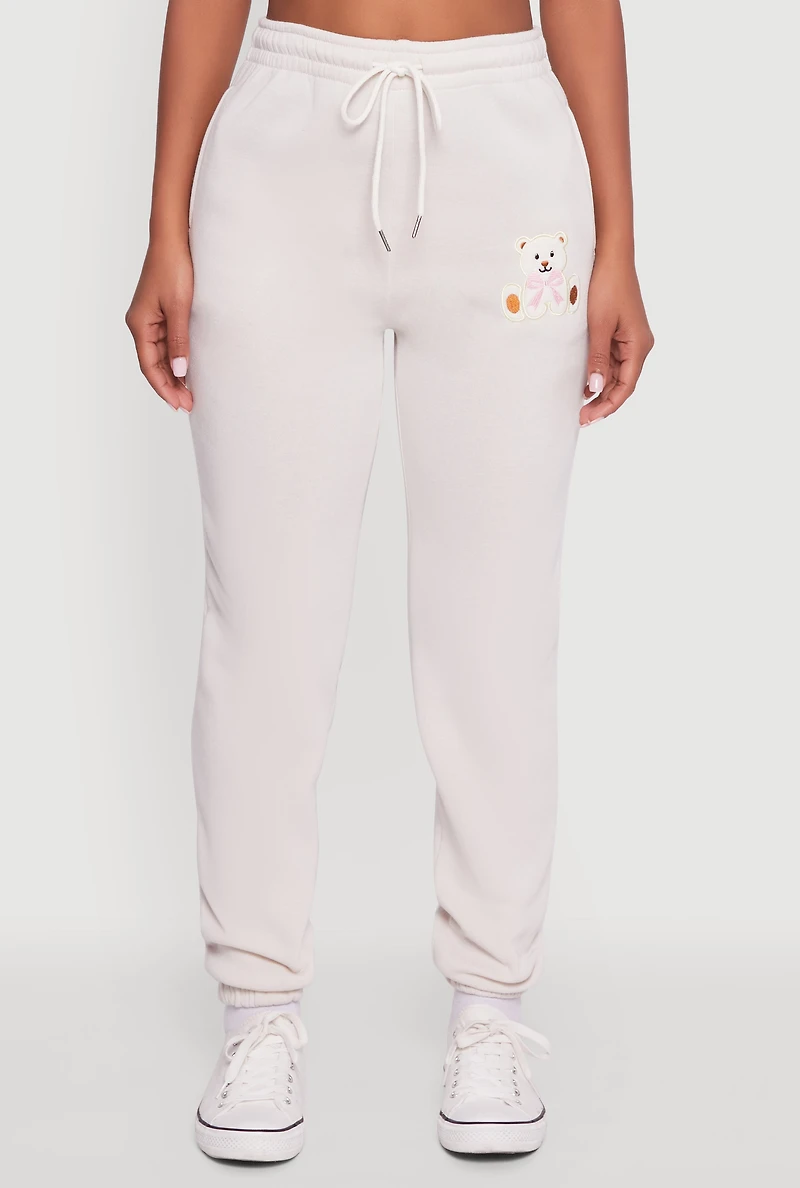 Womens Drawstring High Waisted Embroidered Graphic Sweatpants, White,