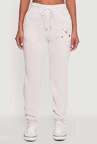 Womens Drawstring High Waisted Embroidered Graphic Sweatpants, White,