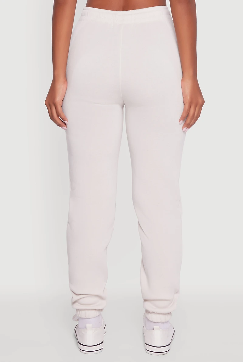 Womens Drawstring High Waisted Embroidered Graphic Sweatpants, White,