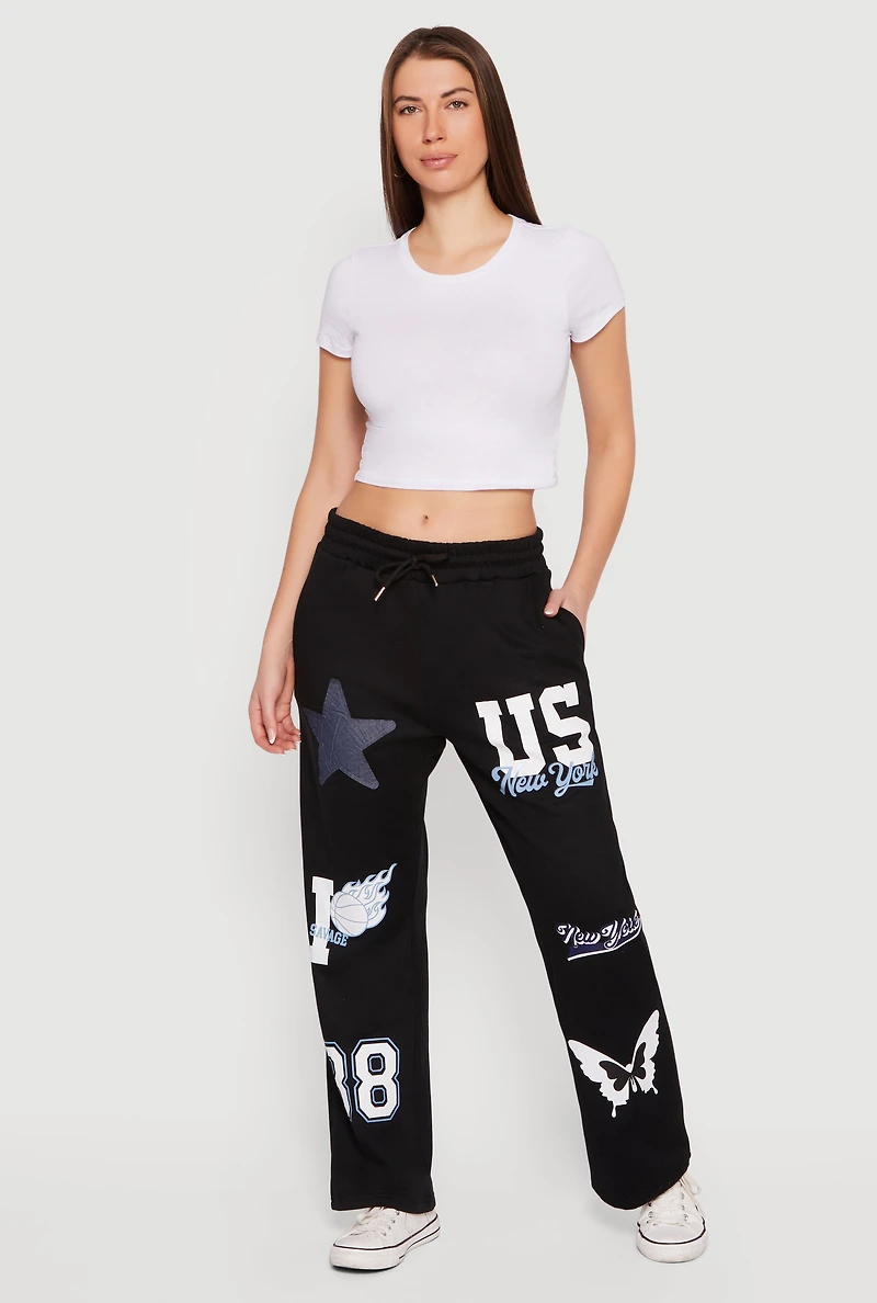 Mid Rise Assorted Patch Graphic Sweatpants