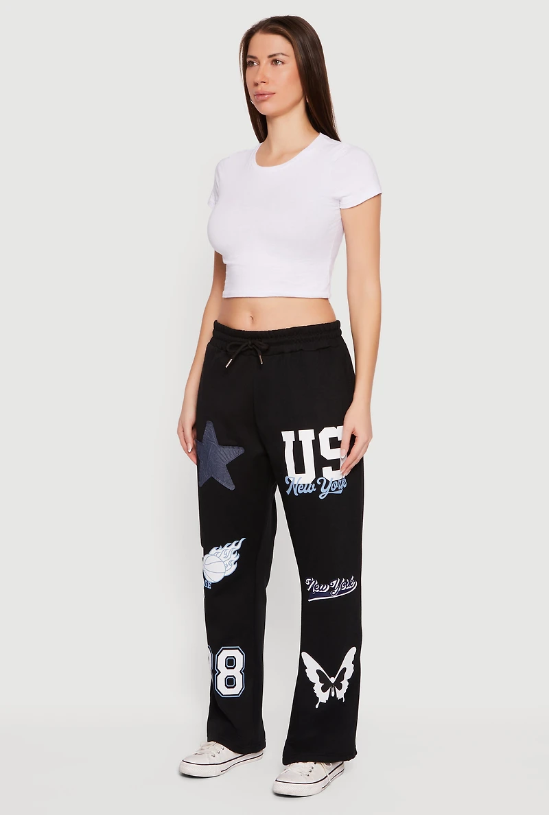 Mid Rise Assorted Patch Graphic Sweatpants