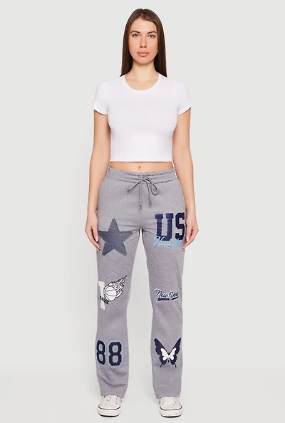 Womens Mid Rise Assorted Patch Graphic Sweatpants, Grey, Size XL