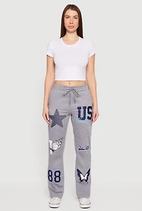 Womens Mid Rise Assorted Patch Graphic Sweatpants, Grey, Size XL