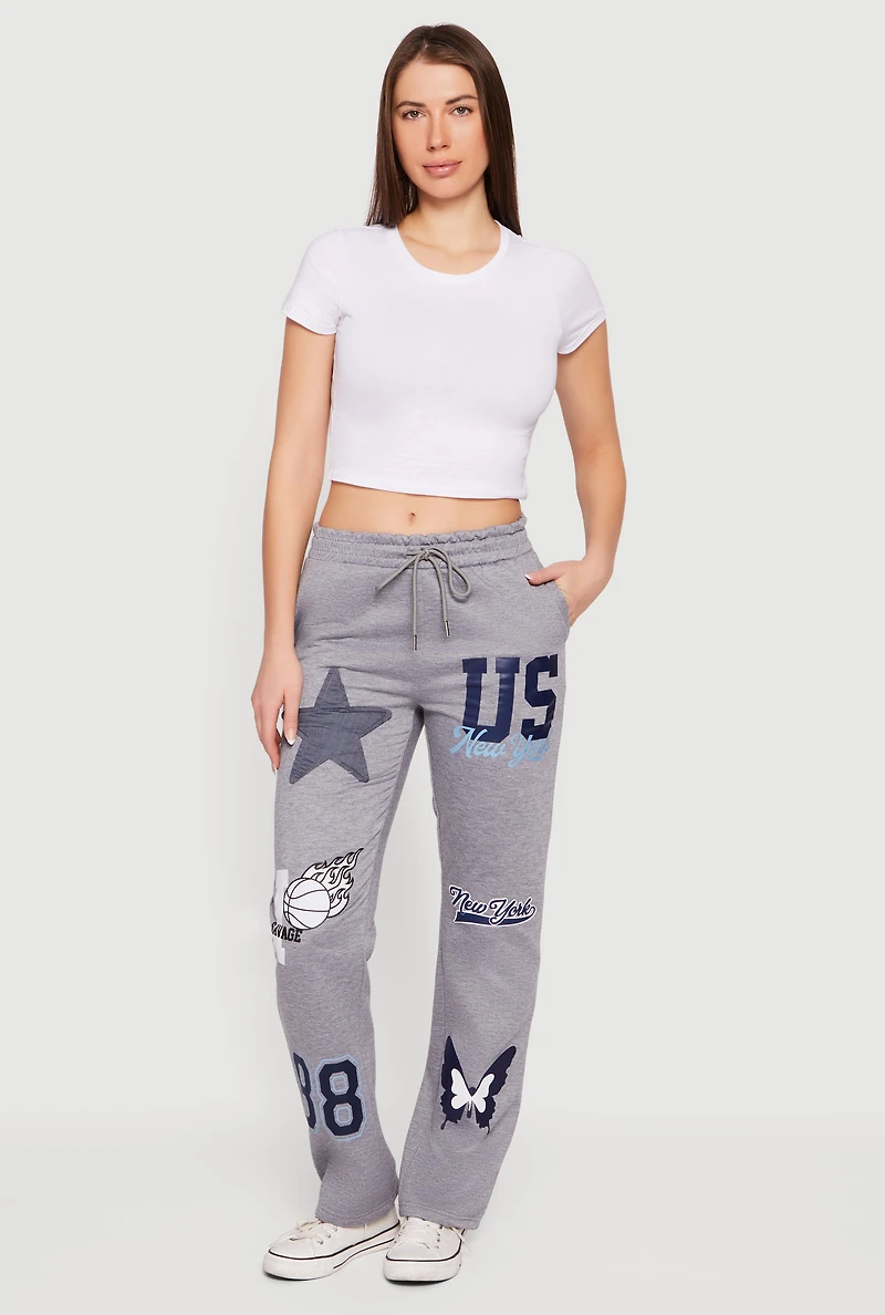 Womens Mid Rise Assorted Patch Graphic Sweatpants, Grey, Size XL