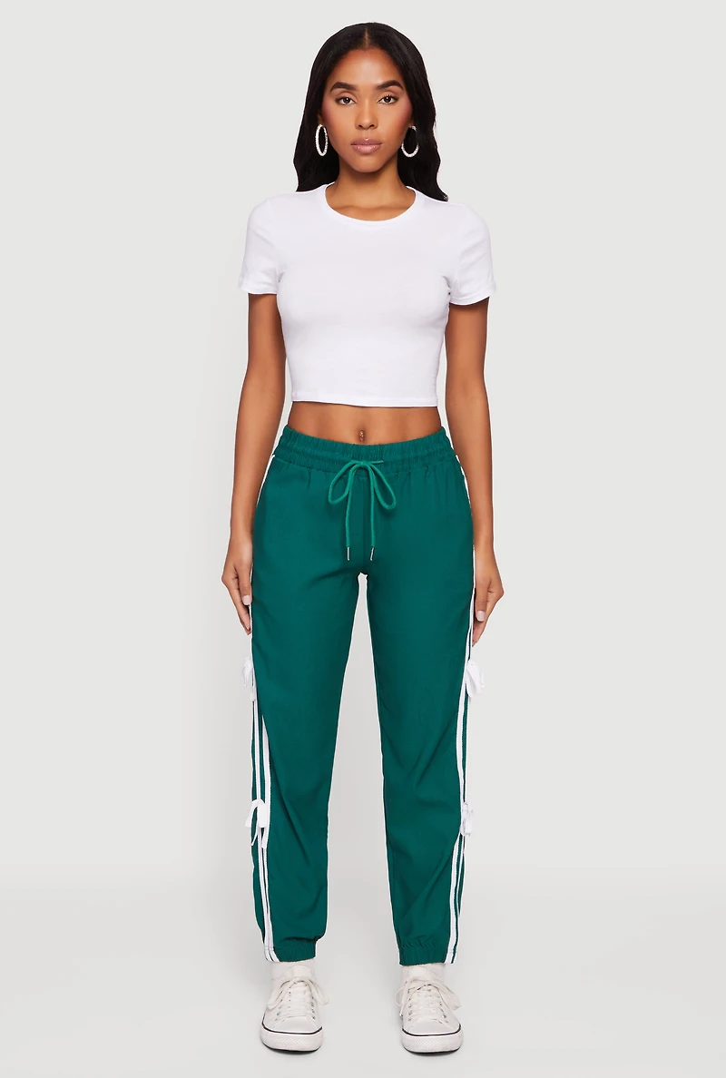 Womens Bow Varsity Stripe Side Drawstring Waist Joggers, Green, Size M