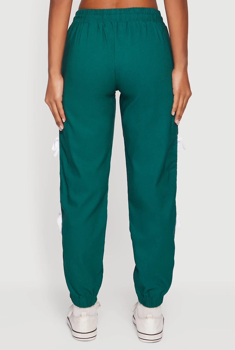 Womens Bow Varsity Stripe Side Drawstring Waist Joggers, Green, Size M