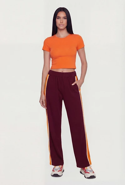 High Waisted Wide Leg Side Stripe Track Pants