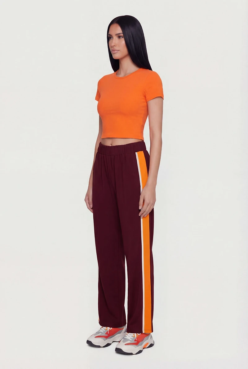 High Waisted Wide Leg Side Stripe Track Pants