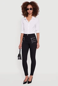 Womens Rhinestone Multi Zipper Hyper Stretch Skinny Leg Pants, Black, Size L