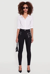 Womens Rhinestone Multi Zipper Hyper Stretch Skinny Leg Pants, Black, Size L