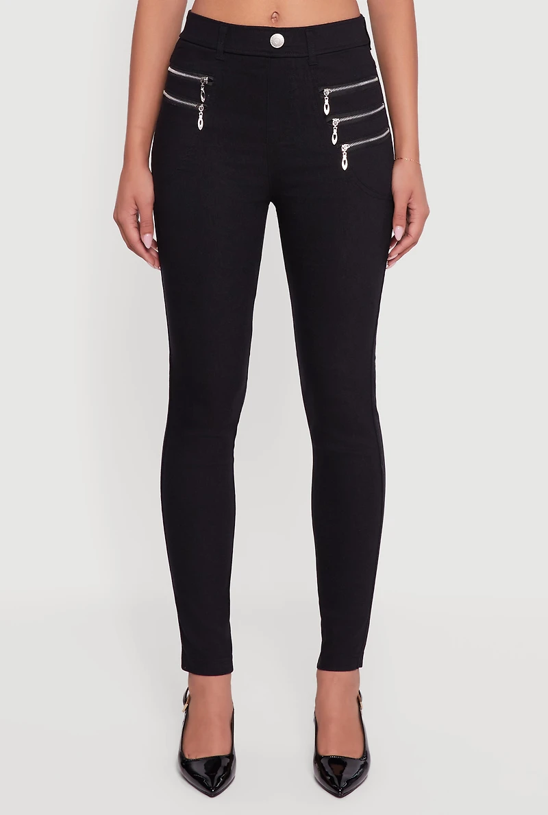 Womens Rhinestone Multi Zipper Hyper Stretch Skinny Leg Pants, Black, Size L