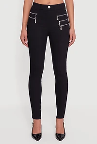 Womens Rhinestone Multi Zipper Hyper Stretch Skinny Leg Pants, Black, Size L