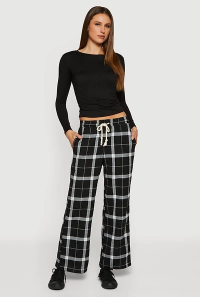 Flannel Drawstring Waist Wide Leg Pants