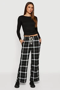 Flannel Drawstring Waist Wide Leg Pants