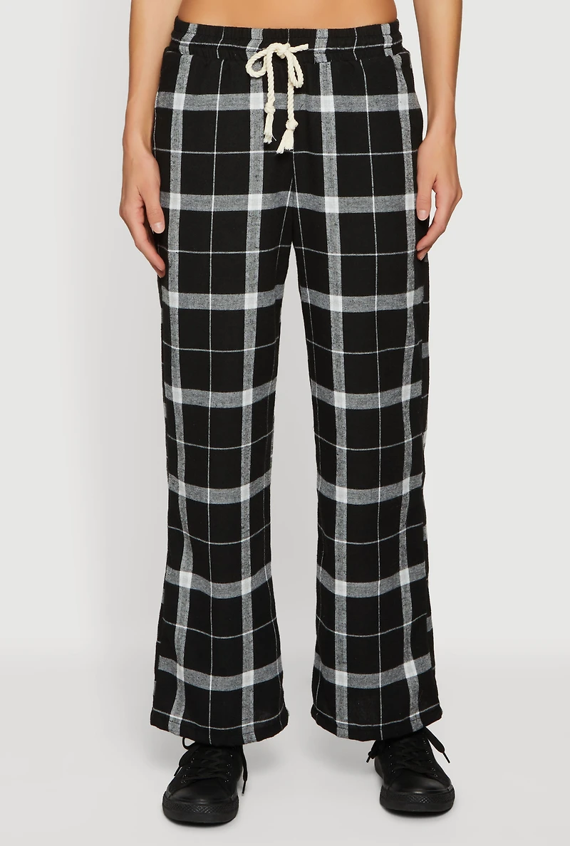 Flannel Drawstring Waist Wide Leg Pants