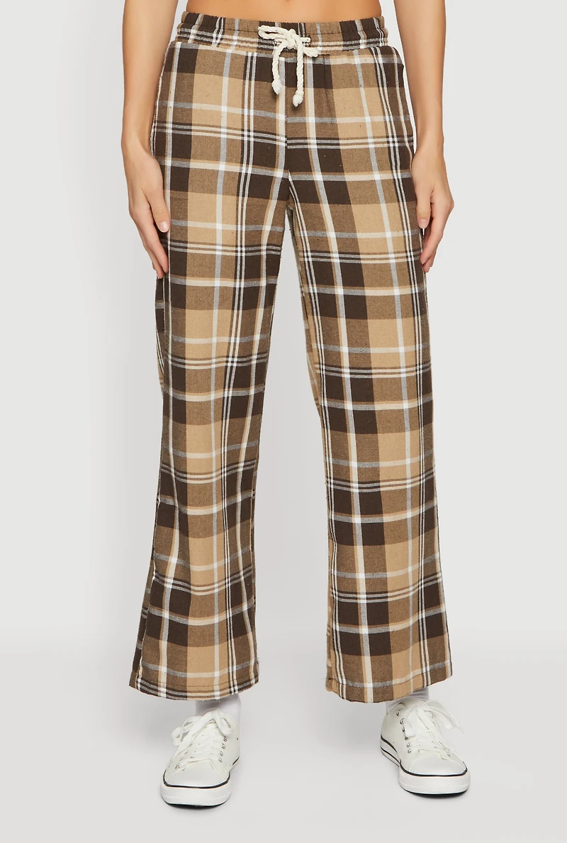 Flannel Drawstring Waist Wide Leg Pants