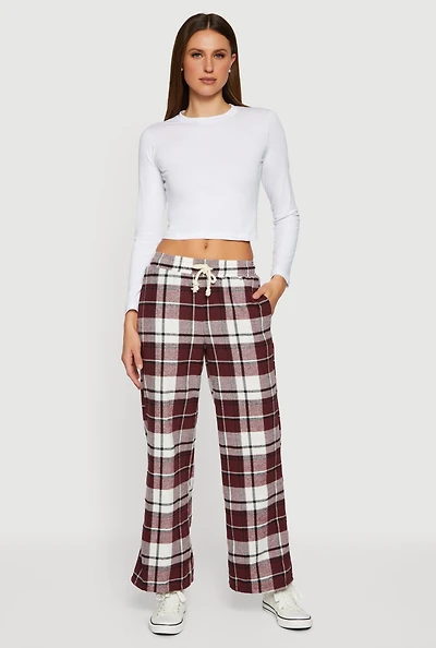 Womens Flannel Drawstring Waist Wide Leg Pants, Burgundy,