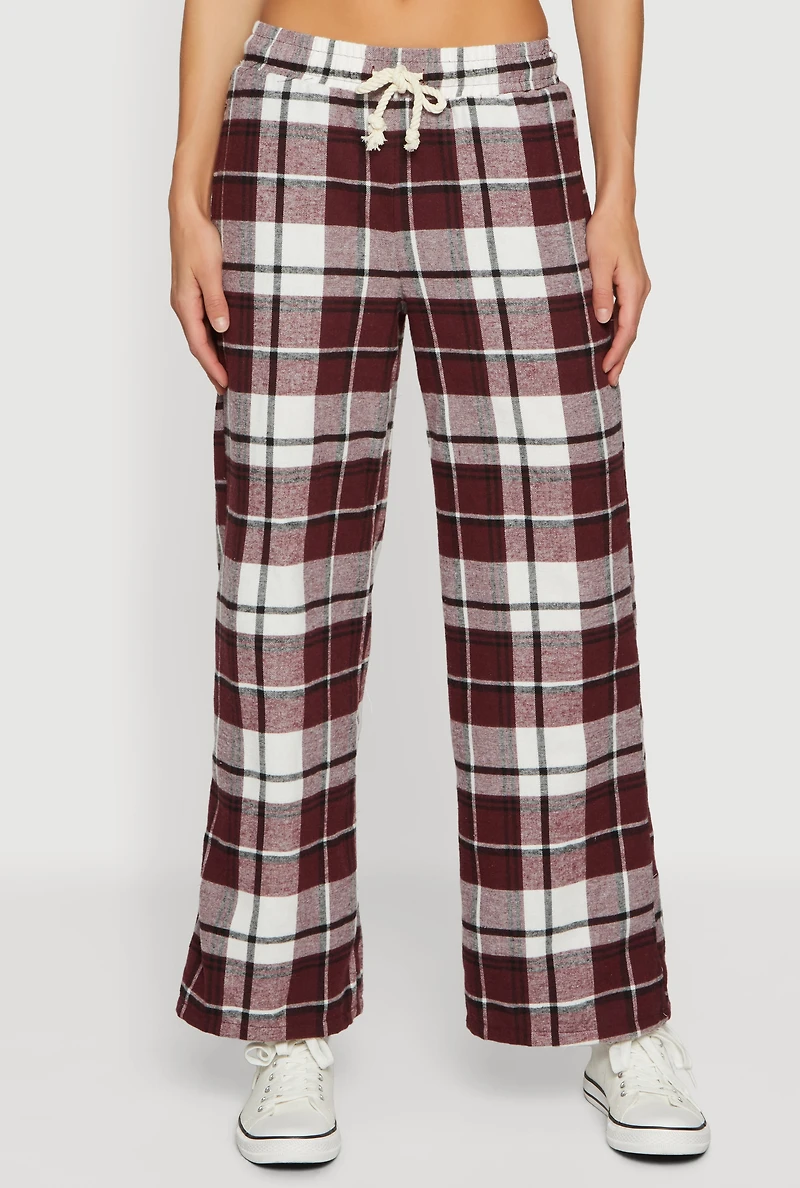 Womens Flannel Drawstring Waist Wide Leg Pants, Burgundy,