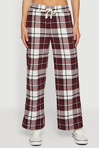 Womens Flannel Drawstring Waist Wide Leg Pants, Burgundy,