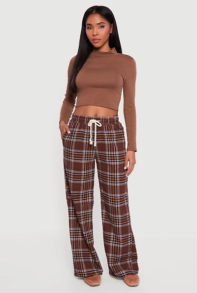 Flannel Drawstring Waist Wide Leg Pants