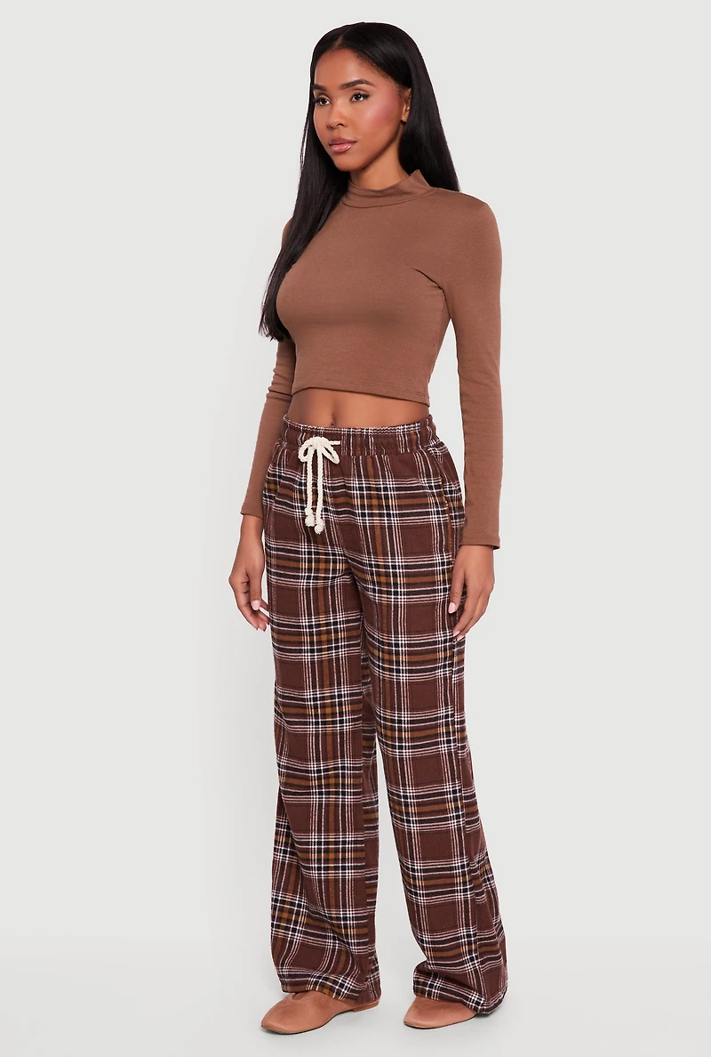 Flannel Drawstring Waist Wide Leg Pants