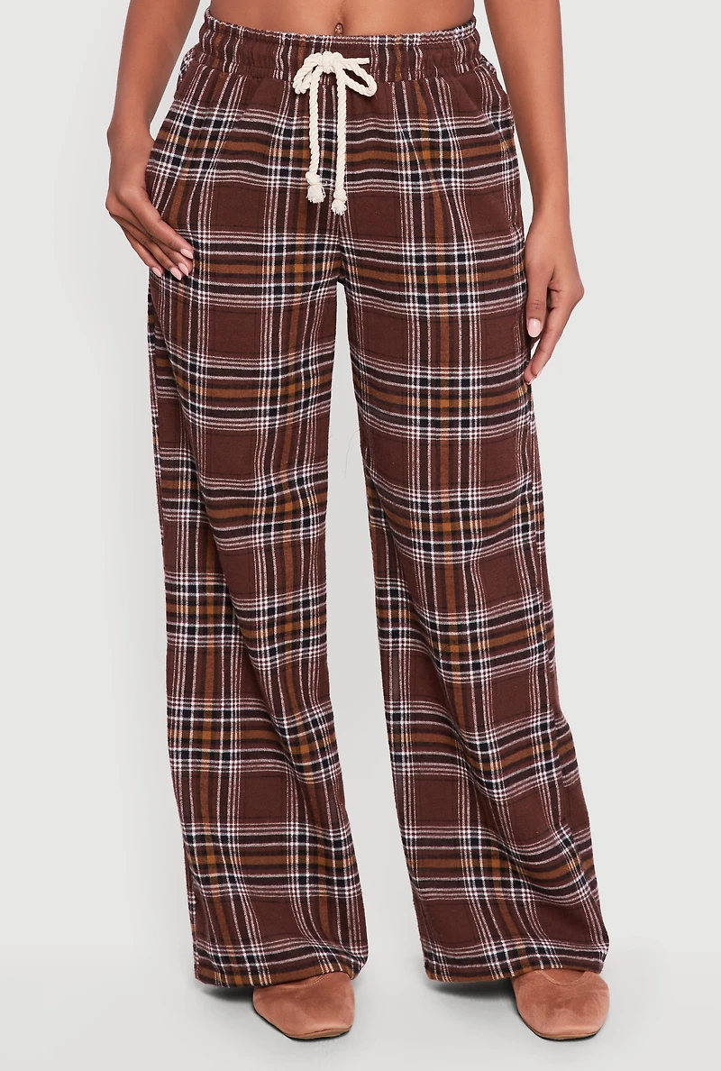 Flannel Drawstring Waist Wide Leg Pants