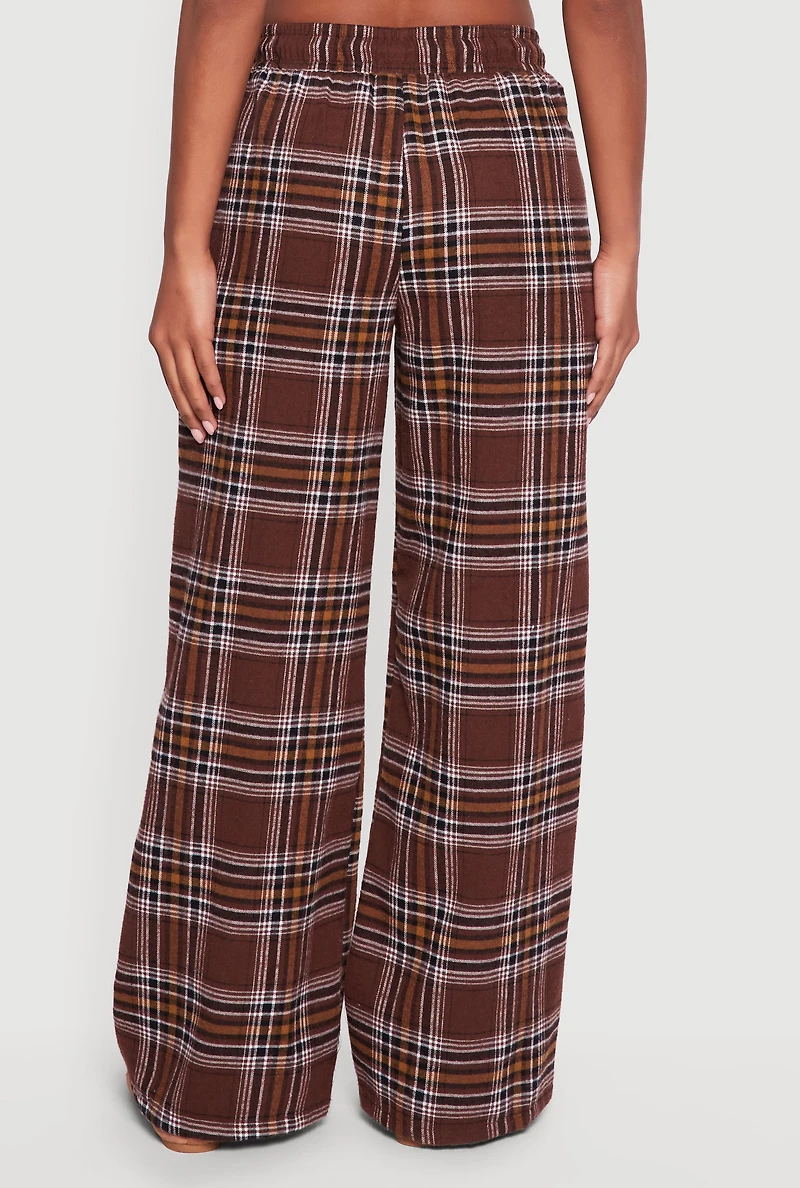 Flannel Drawstring Waist Wide Leg Pants
