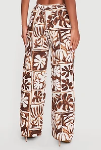 Printed Pattern Linen Wide Leg Drawstring Waist Pants