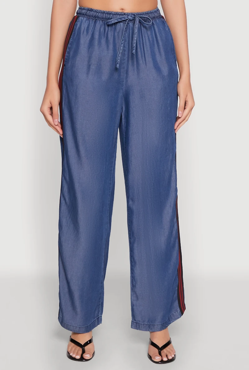 Womens Chambray Varsity Stripe Pants, Blue, Size S
