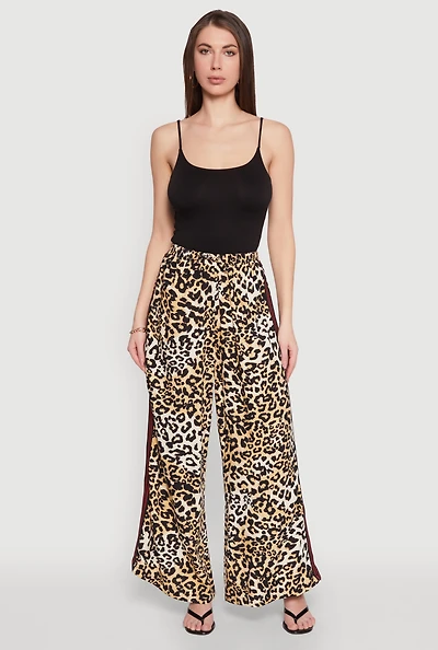 Womens Varsity Stripe Leopard Print Pants, Brown,