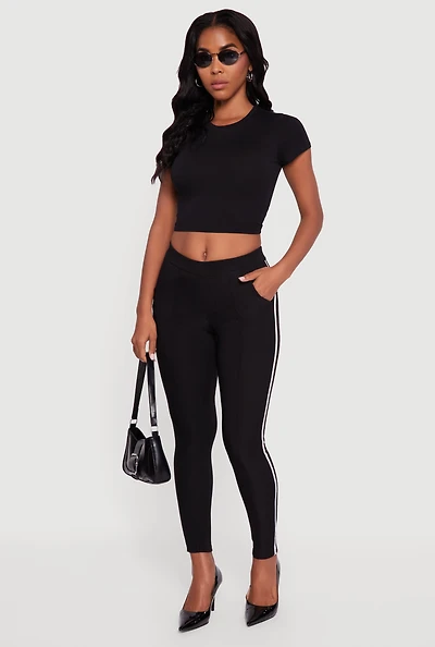 Womens Mid Rise Skinny Leg Pants with Side Stripe, Black,