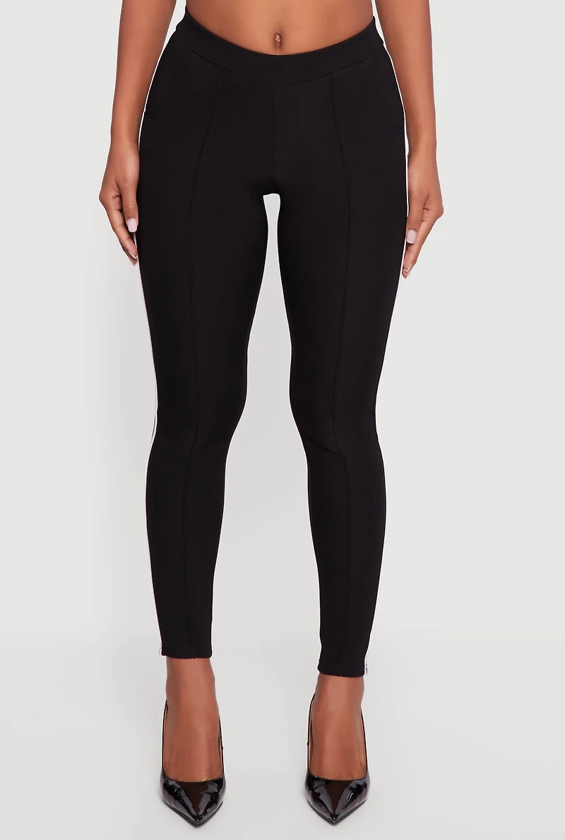 Womens Mid Rise Skinny Leg Pants with Side Stripe, Black,