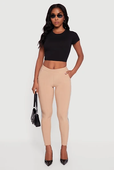 Womens Mid Rise Skinny Leg Pants with Side Stripe, Khaki, Size S