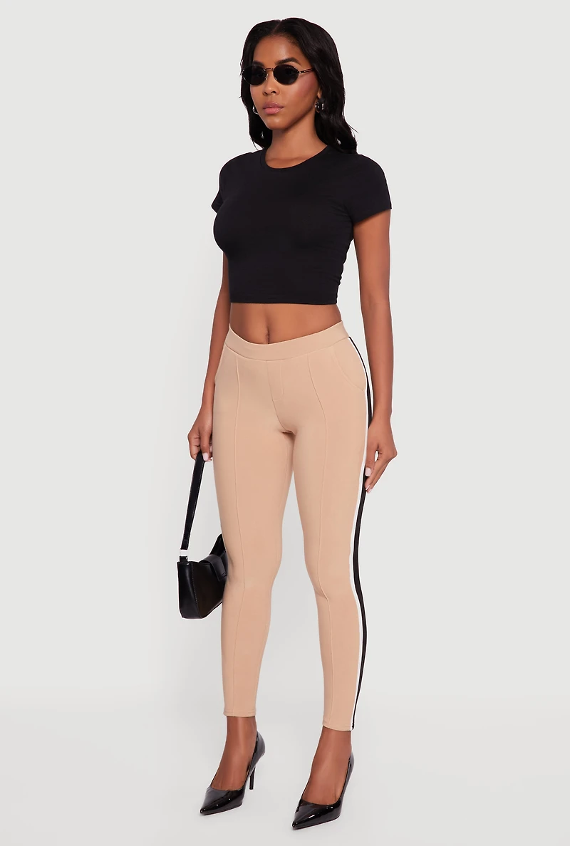 Womens Mid Rise Skinny Leg Pants with Side Stripe, Khaki, Size S