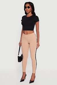 Womens Mid Rise Skinny Leg Pants with Side Stripe, Khaki, Size S
