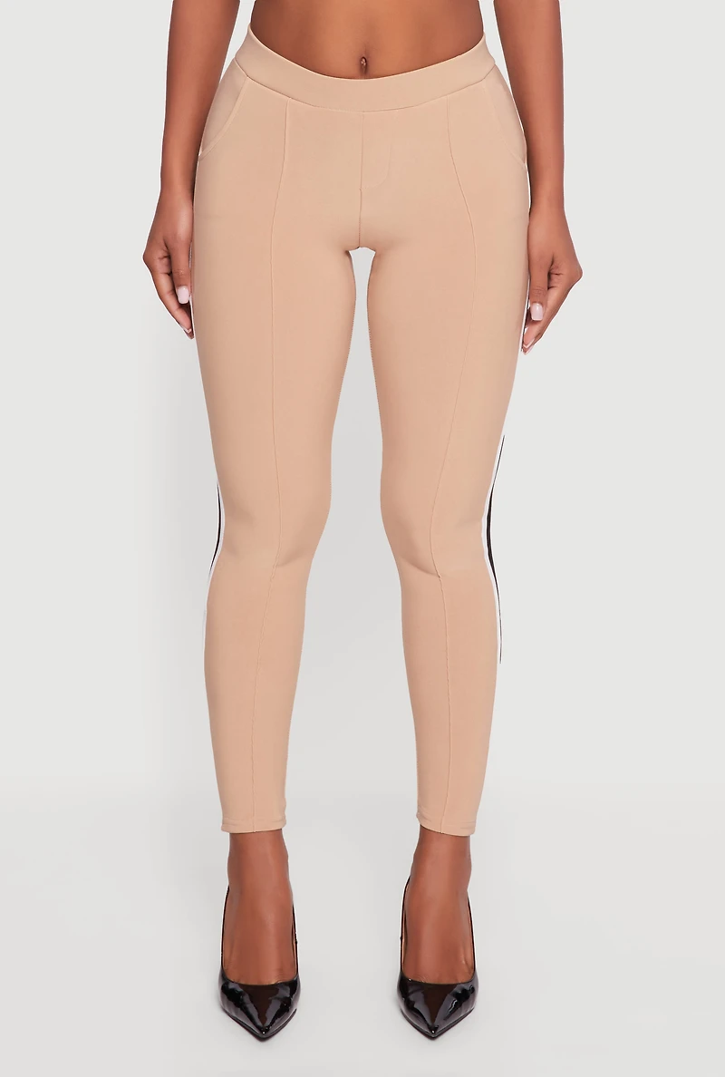 Womens Mid Rise Skinny Leg Pants with Side Stripe, Khaki, Size S