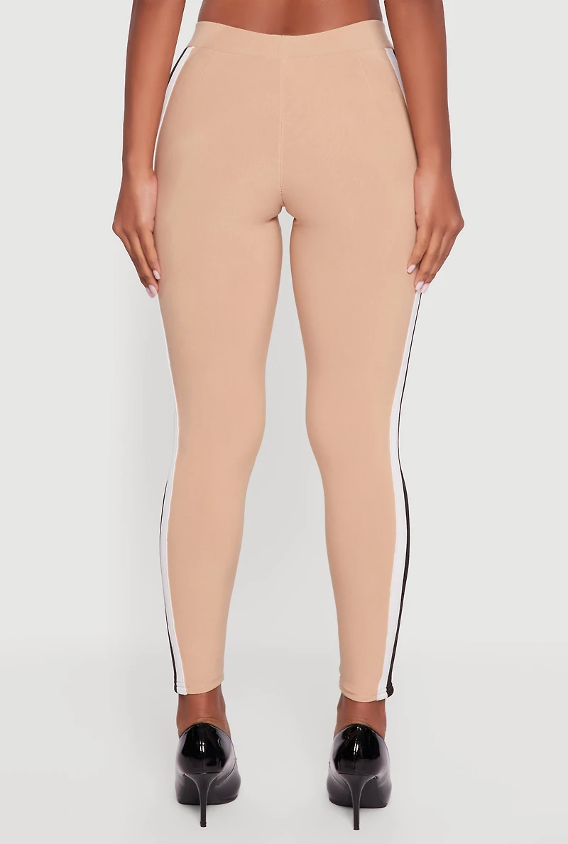 Womens Mid Rise Skinny Leg Pants with Side Stripe, Khaki, Size S