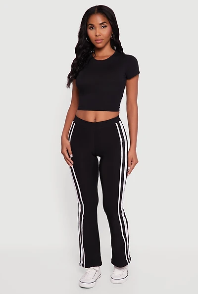 Womens Body Contour Side Stripe Flare Pants, Black, Size L