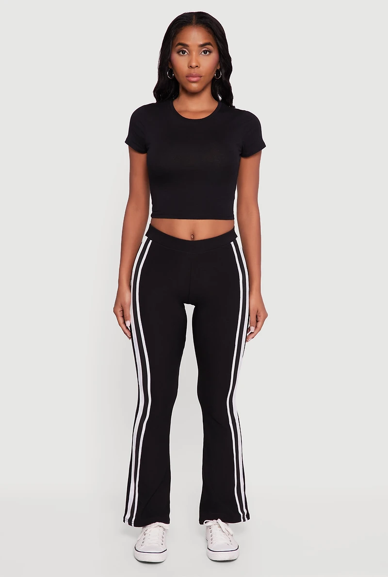 Womens Body Contour Side Stripe Flare Pants, Black, Size L
