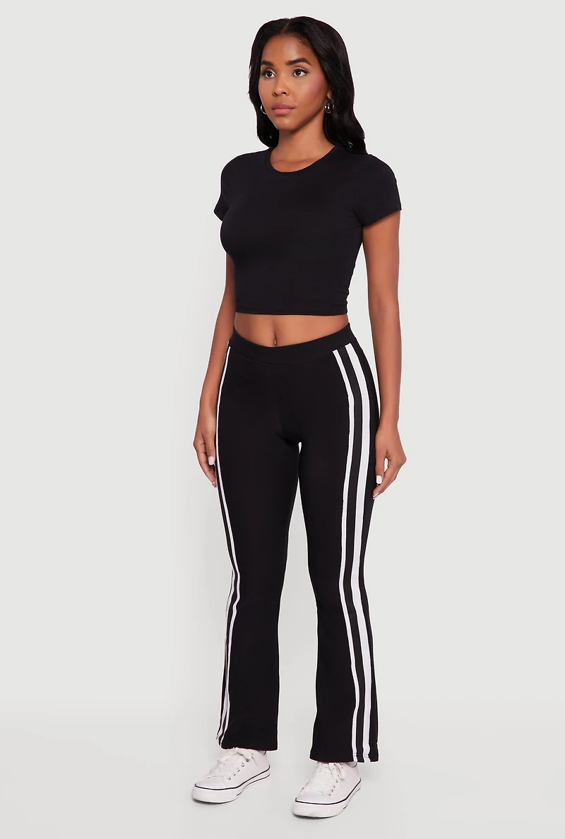 Womens Body Contour Side Stripe Flare Pants, Black, Size L