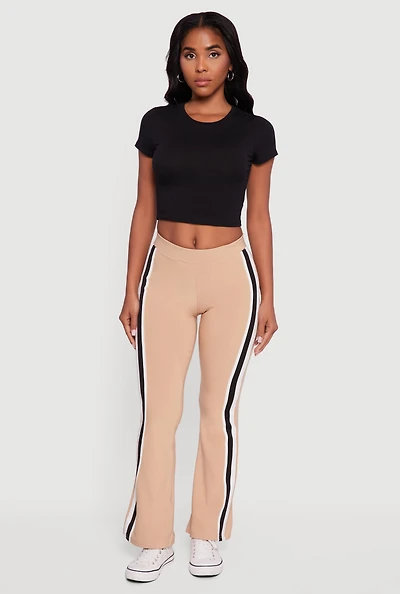 Womens Body Contour Side Stripe Flare Pants, Khaki, Size M