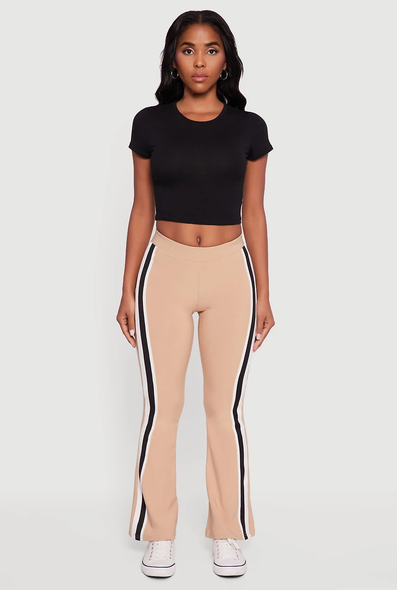 Womens Body Contour Side Stripe Flare Pants, Khaki, Size M