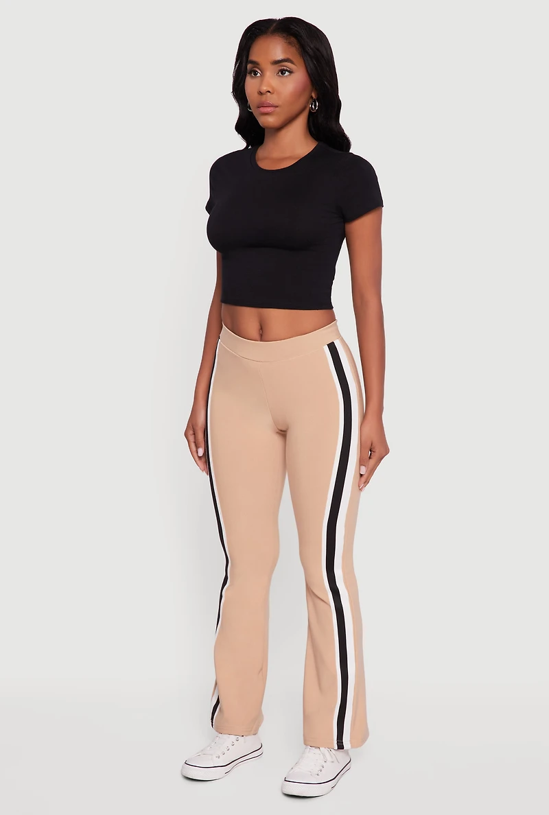 Womens Body Contour Side Stripe Flare Pants, Khaki, Size M