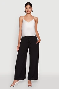 Womens Tie Front Wide Leg Palazzo Pants, Black, Size XL