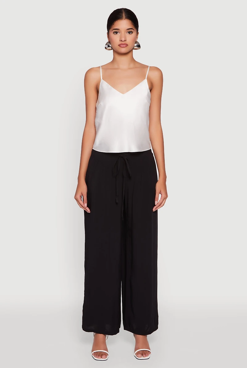 Womens Tie Front Wide Leg Palazzo Pants, Black, Size L